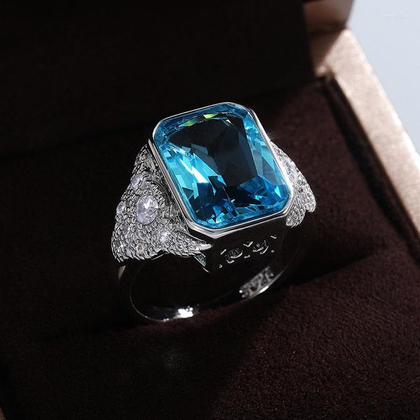 Anneaux de mariage luxe à la mode argent plaqué carré cristal pour les femmes briller bleu de la mer CZ pierre incrustation bijoux de mode cadeau de fête