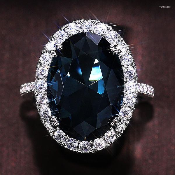 Anneaux de mariage de luxe à la mode plaqué argent ovale pour femmes bleu foncé CZ pierre incrustée bijoux de mode élégant dame fête cadeau anneau