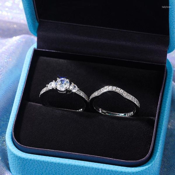 Anillos de boda Pares de anillos de lujo para mujer Accesorios de compromiso 2 Unids / set Incrustaciones de cristal brillante Zirconia Joyería de moda