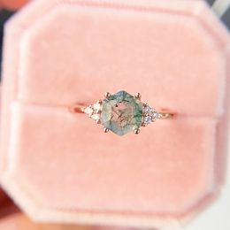 Anneaux de mariage Luxyimagic Natural Moss Agate Gemmestones Ring For Women Solid 925 STERLING Silver Korean Trendy Hexagon Engagement Wedding Jewel 231222