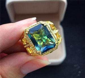 Anneaux de mariage mâle femelle Blue Zircon Big Stone Ring Luxury Yellow Gold Party Finger vintage Promesse Engagement pour les femmes Men Gift3564799
