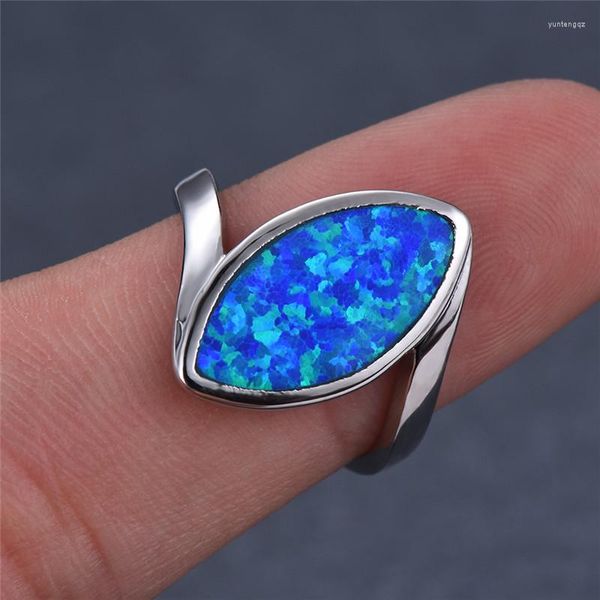 Anillos de boda Hombre Mujer Blanco Azul Anillo de ópalo Geométrico Piedra grande Compromiso Color de plata clásico para mujeres Hombres Joyería