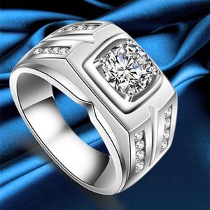 Trouwringen Mannelijke Ring Mannen Sterling Zilver 925 Vintage Heren Wit Goud Kleur Klassieke Grote Steen CZ Mode Jewelry347R