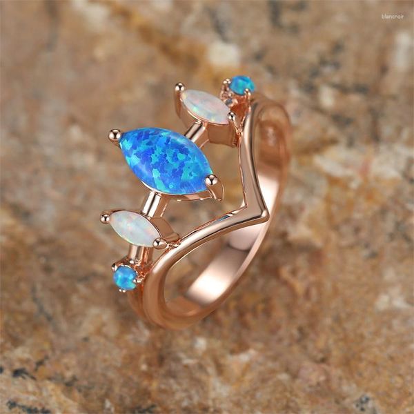 Anillos de boda marquesa corte azul blanco fuego ópalo corona anillo plata Rosa oro Color caballo ojo piedra ola para mujeres bandas regalo