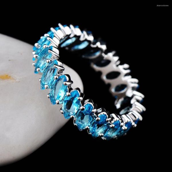 Anillos de boda marquesa corte lago azul piedra hoja para mujer Color plata Ojo de caballo circón bandas apilamiento anillo de compromiso joyería