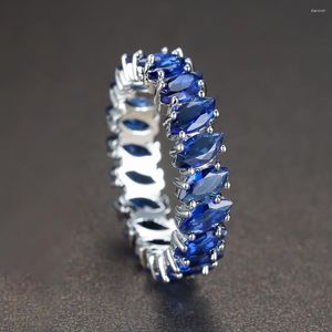 Anneaux de mariage Marquise coupe bleu Royal pierre anneau argent Rose or couleur oeil de cheval Zircon pour femmes hommes empilable bijoux CZ