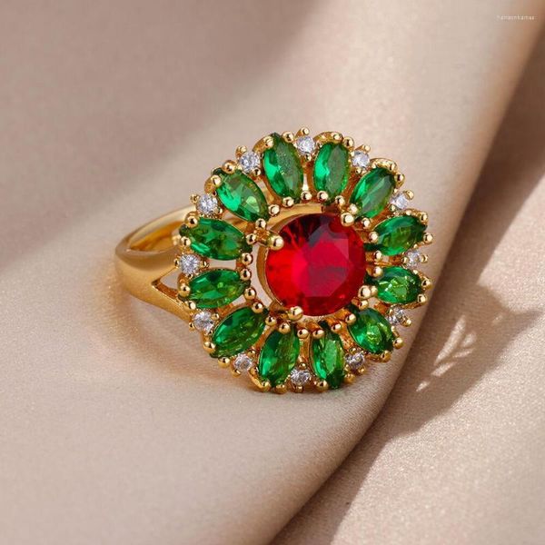 Anillos de boda marquesa piedra verde flor grande para mujer plata oro Color redondo rojo circón bandas lujo ajustable fiesta joyería