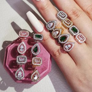 Wedding Rings Masa Cubic Zirconia CZ Rechthoek Scheurdruppel Stone vonken bling Iced Out Open aangepaste Ring voor vrouwen