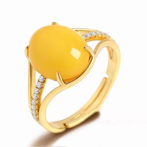 Anneaux de mariage Megin D grande pierre jaune ambre cire d'abeille or pour les femmes fiançailles cadeau d'anniversaire Anillos bijoux SilverWedding