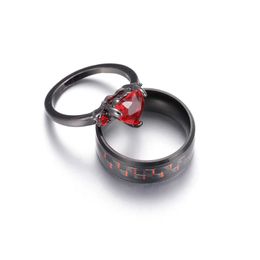 Wedding Rings Memolissa 2pcs roestvrij staal Red Crystal Ring Set voor mannen Women Nieuw modepaar Rings sieraden geschenken