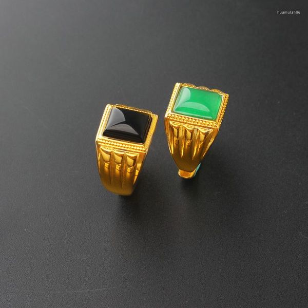 Bagues de mariage pour hommes, bague classique noire/verte, pierre de charme naturelle, sculpture Antique, couleur or 24 carats, bijoux de haute qualité pour dames