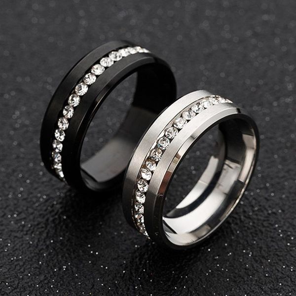 Bagues de mariage pour hommes de 8 mm de large en acier inoxydable à une rangée de diamants Zircon Bague pour femmes Bague de fiançailles Promise Jewelry GiftWedding