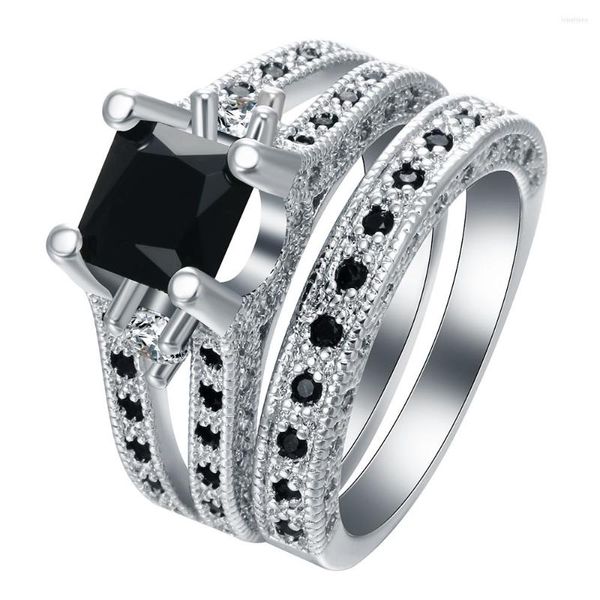 Anillos de boda Magnífico anillo de cristal negro para hombre Conjunto de promesa Compromiso para mujer Moda 10KT Joyería llena de oro blanco