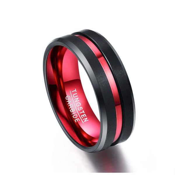 Anillos de boda Anillo de hombre 8MM Carburo de tungsteno negro y rojo Acabado mate Bordes biselados Tamaño 7 a 16