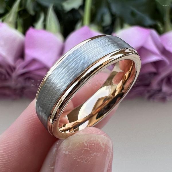 Anneaux de mariage Hommes Wemen Bands 8mm 6mm Rose Stepped Edges Bague de fiançailles en carbure de tungstène Or Noir Finition brossée Comfort Fit