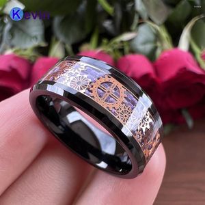 Wedding Rings Men Women Black Band Tungsten Ring met Purple Carbon Fiber Rose Steampunk Gear Wiel Inleg 6 mm 8 mm beschikbaar