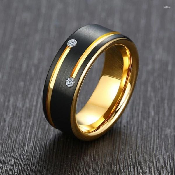 Anneaux de mariage Bague de luxe pour hommes pour hommes Bande en acier inoxydable noir avec lignes de couleur or CZ Stones Gent Anel