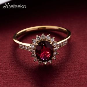 Trouwringen Metiseko 925 Sterling Verzilverd 18K Goud Robijnkleurige Ring Granaat Rood Retro Elegante Queen's Ring voor Vrouwen Feestverloving 230803