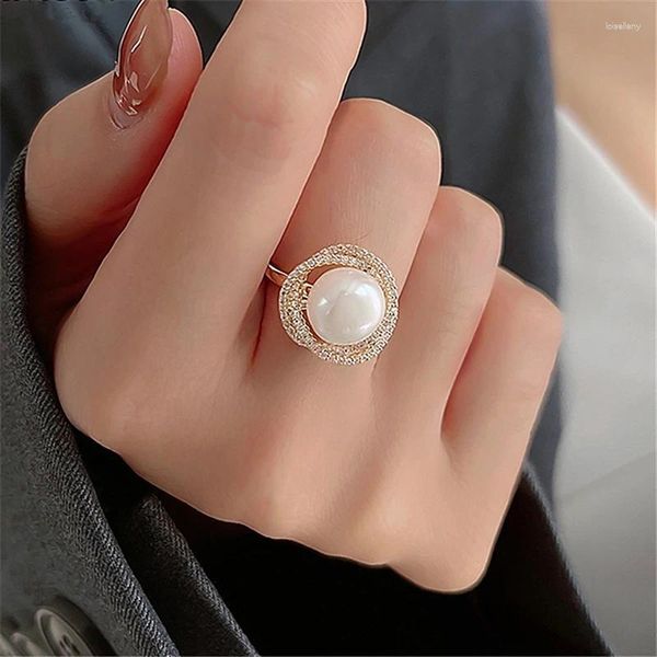 Anillos de boda Micro Pave Zircon Flower Twist Big Pearl For Women Fashion Jewelry Luxury Classic Open Ring