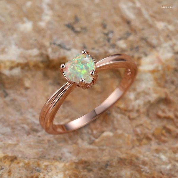 Anillos de boda Corazón de amor minimalista para mujeres Bandas Color oro rosa Blanco Azul Púrpura Anillo de ópalo de fuego Día de San Valentín Regalo de la joyería