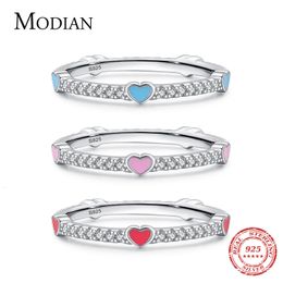 Anneaux de mariage MODIAN 925 Sterling Silver Romantique 3 Couleur Émail Coeur Doigt Pour Les Femmes Sparkle Clear CZ Band Saint Valentin Cadeau Anel 230712