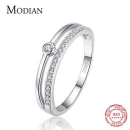 Anillos de boda Modian Real 925 Línea de plata esterlina Moda Clear CZ Anillos para mujeres Joyería de lujo Accesorios de boda Regalo con caja 230410