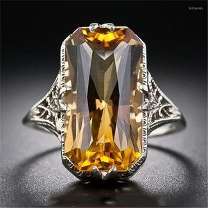 Wedding Rings Modyle Anitique Silver Color Yellow Stone Rechthoek Big For Women Men Vintage Zirkon Charm Bands