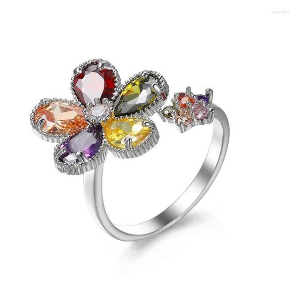 Anneaux de mariage Multi-couleur Zircon Fleur Bague De Mode Pétales Colorés CrystalOpening Réglable Design Sens Bijoux En Gros Wynn22