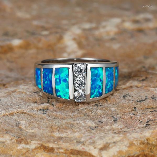 Anillos de boda Mystic Blue Fire Opal para mujeres, hombres, color plata, bandas de circón blanco, anillo de compromiso nupcial, joyería masculina femenina