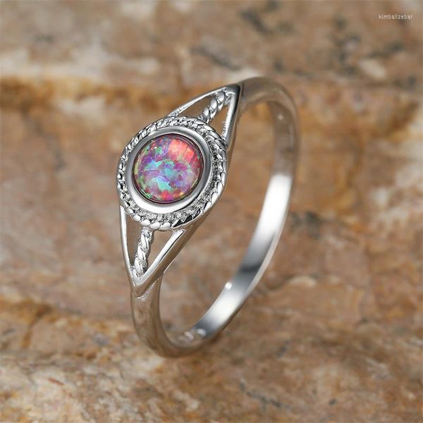 Anillos de boda Ópalo de fuego púrpura místico para mujeres Bandas de piedra de nacimiento Color plata Anillo de compromiso de piedra redonda Regalo de joyería de San Valentín