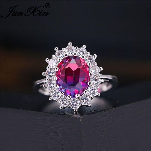 Anneaux de mariage mystique arc-en-ciel feu cristal pierre tournesol pour femmes couleur argent ovale bleu rouge rose zircon bandes bijoux Cz267L