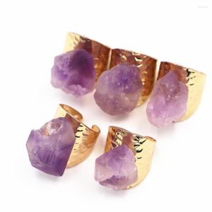 Anneaux de mariage pierre naturelle améthyste minerai brut femmes or galvanoplastie Reiki géode taille redimensionnable bijoux 6 pièces vente en gros