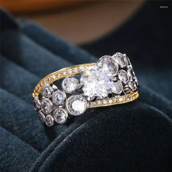 Anillos de boda Ne'w Gorgeous Women Two Tone Design Luxury Lady Compromiso Ceremonia Fiesta Brillante Cubic Zirconia Joyería