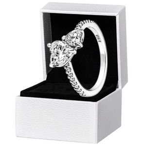 Trouwringen Nieuwe aankomst Dubbel hart Sparkling Ring Solid 925 Silver Women Girlferen Gift Sieraden voor Pandora Lover CZ Diamond met originele doos 23ess
