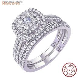 Anillos Newshe 2 piezas anillos de boda para mujer sólida plata esterlina 925 anillo de compromiso conjunto nupcial 1.6ct halo corte redondo AAAAA circón Q231024