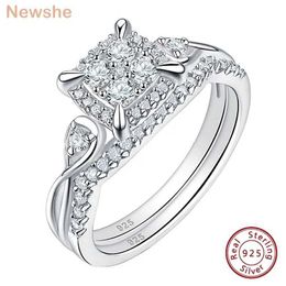 Rings de boda Newshe Exclusive Womens Bride Juego de 2 piezas de plata esterlina 925 anillo de halo de corte redondo 5a cz joyería exquisita Q240514