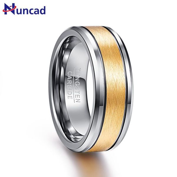 Anillos de boda Nuncad Hombres 8 mm Color dorado Centro cepillado Dos ranuras Banda de carburo de tungsteno Borde biselado