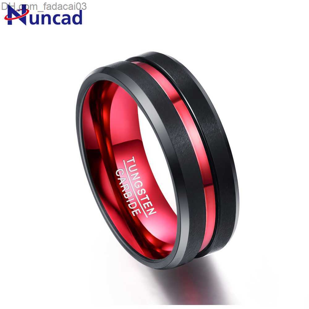 Bröllopsringar Nuncad New Hot Selling Men's 8mm Black and Red Tungsten Carbide Ring med matt finish och avfasade kantstorlekar 7 till 16 AAA Högkvalitativa smycken Z230712