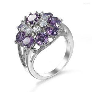 Anneaux de mariage Ociki couleur argent zircon cubique CZ fleur de cristal violet pour femmes filles goutte bijoux anneau cadeau