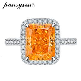 Anneaux de mariage PANSYSEN luxe 925 en argent Sterling 7CT coupe radiante Orange bleu haute teneur en carbone diamant pierres précieuses Cocktail bijoux bague en gros 231124