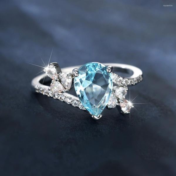 Anneaux de mariage poire coupe bleu clair pierre goutte d'eau pour les femmes couleur argent Zircon vague bandes charme bague de fiançailles bijoux