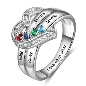 Anneaux de mariage personnalisés 18 pierres de naissance, cœur en argent, nom de famille gravé personnalisé pour la fête des mères, bijoux d'anniversaire 231212