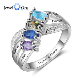 Anneaux de mariage nom de famille personnalisé gravé pour les femmes personnalisé 4 pierres de naissance couleur argent bague en cuivre cadeaux d'anniversaire 231212