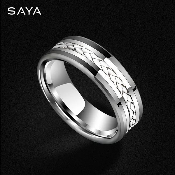 Anneaux de mariage Bague personnalisée pour hommes Inlay tressé 925 argent carbure de tungstène bijoux luxueux bande de mariage personnalisé gravé 231204