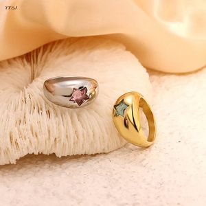 Anillos de boda Anillos gruesos de cúpula de pentagrama de piedra cz rosa para mujeres Anillos atrevidos de acero inoxidable Joyería delicada minimalista para mujeres 230928