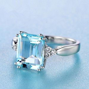 Wedding Rings Princess Cut Lake Blue Rectangle Zirkon Betrokkenheid voor vrouwen zilveren kleurbelofte bruidsbands verjaardag sieraden cz