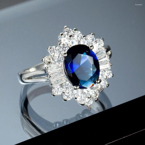 Anillos de boda Princesa Kate Blue Gem creó joyas de marca de cristal de color de color plateado Joyería para mujeres Aniversario de lujo Fino
