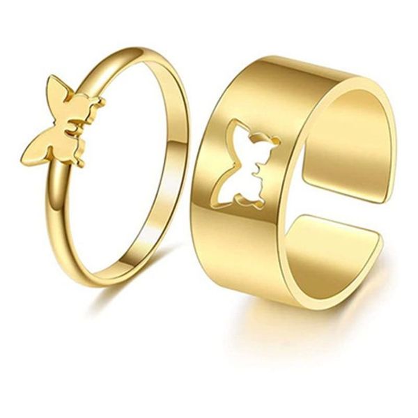 Anneaux De Mariage Punk 2Pc / Set Papillon Coeur Ouverture Pour Les Femmes Or En Acier Inoxydable Couple Anneau Amitié Bijoux Drop Delivery Dh5Fg