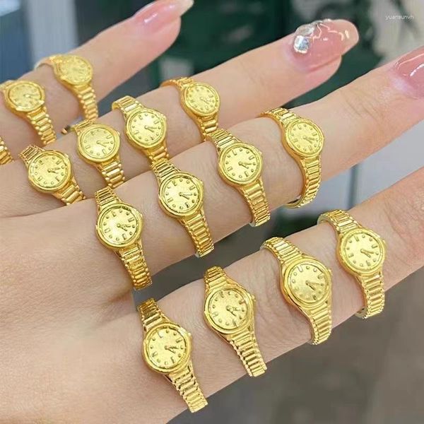 Anillos de boda cobre puro 24K Color oro 520 reloj pequeño para mujer anillo de apertura de dedo compromiso creativo regalo de joyería de boda