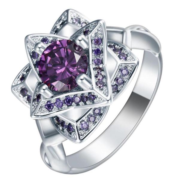 Anillos de boda Purple Stone Anillo Flower Silver Promise Fashion Jewelry Jewel